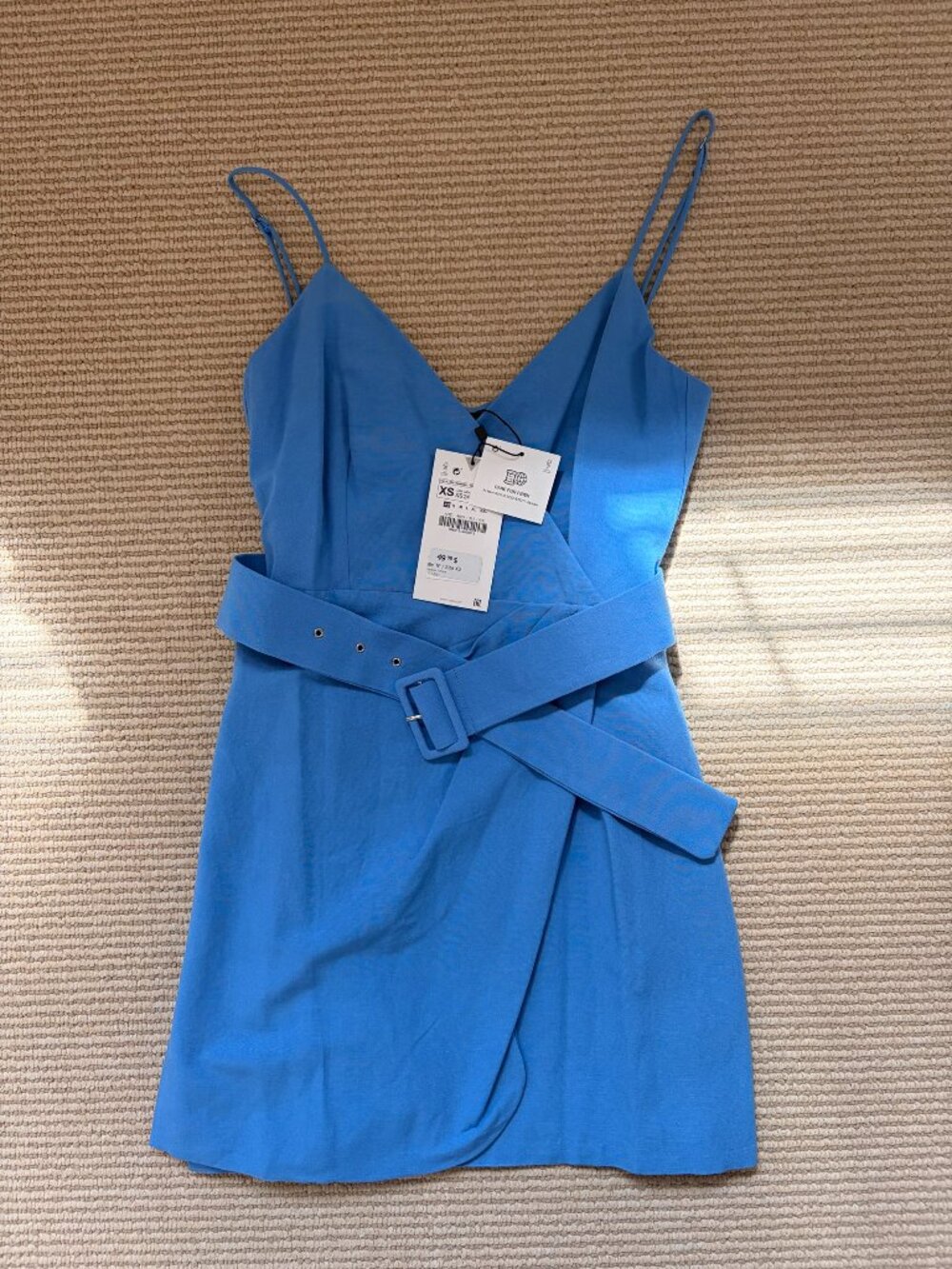 Zara Blue Linen Blend Wrap Mini Dress Belted V-Neck XS NWT